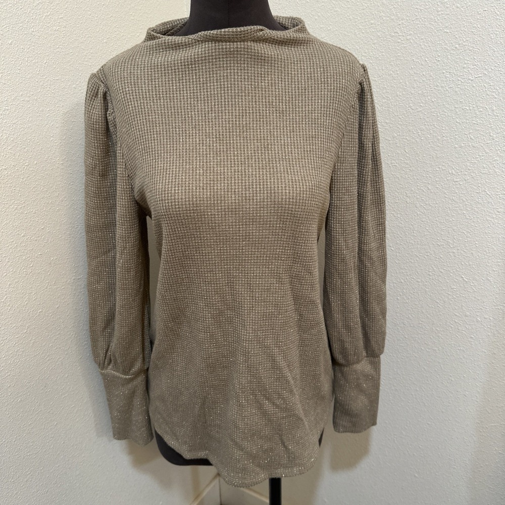 Soft Surroundings NWT Taupe Textured Puff Sleeve Thermal Top Brown Metallic Sz M